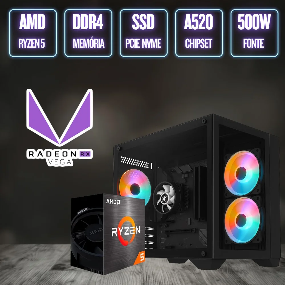 PC Gamer Completo Bluepc Force, Amd Ryzen 5, Radeon Rx, 8GB Ddr4, SSD 256gb, Fonte 500w, Monitor LED 20" - Pgbp-for124 PC Gamer Completo Bluepc Force, Amd Ryzen 5, Radeon Rx, 8GB Ddr4, SSD 256gb, Fonte 500w, Monitor LED 20" - Pgbp-for124