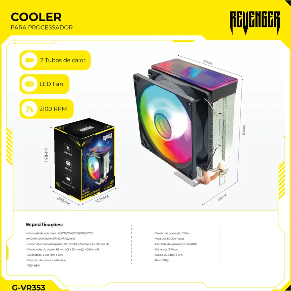 Cooler Processador Revenger G-VR353 RGB 95W Compatível Com processadores Intel e AMD 6