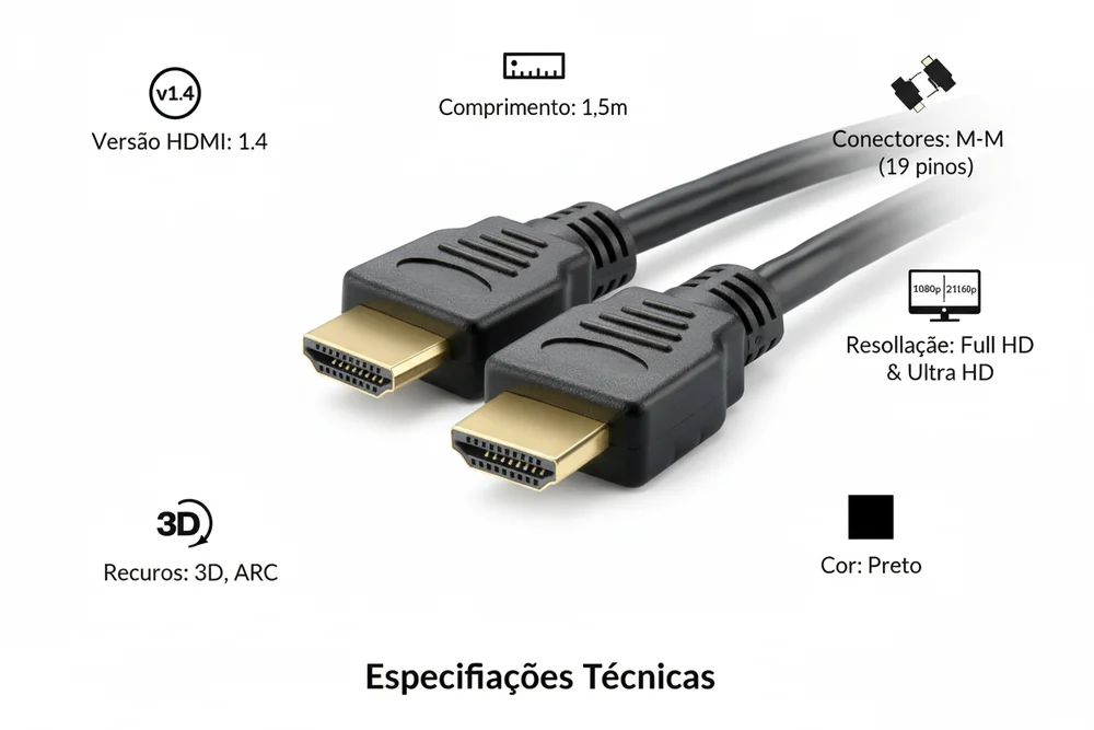 Cabo HDMI 1,5m Macho X Macho Full Hd E Ultra Hd 4k Com Suporte 3d Arc Para Tv Monitor Notebook Console Cabo HDMI 1,5m Macho X Macho Full Hd E Ultra Hd 4k Com Suporte 3d Arc Para Tv Monitor Notebook Console