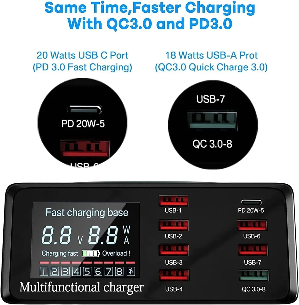 Imagem 3 de 3 do produto Estação Carregamento Usb 8 Portas Carregador 100w Rápido Para Técnico Bancada