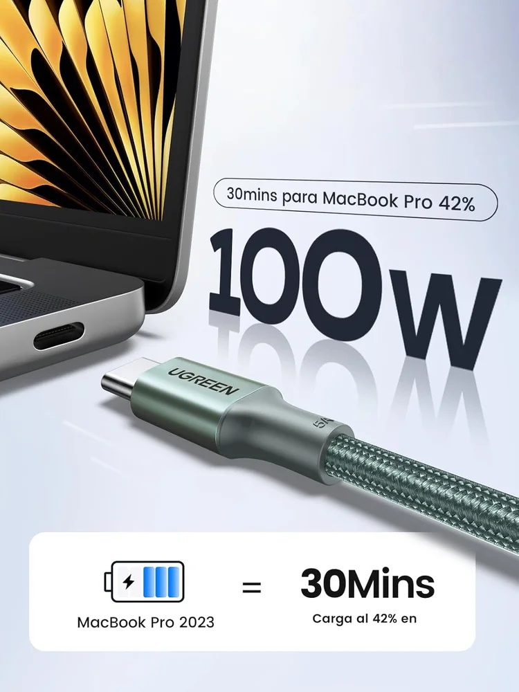 Imagem 4 de 5 do produto Cabo Usb-c / Tipo C Ugreen 100w 20v 5a, (2 Metros, Verde, Nylon, Alumínio,) Carregamento Rápido Sincronização Dados Transferência De Até 480 Mbps
