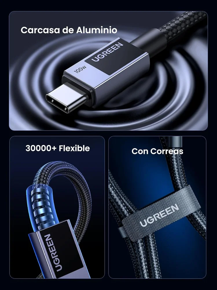 Imagem 2 de 5 do produto Cabo Usb-c Ugreen 100w ( 2 Metros, ) Chip Inteligente E-marker, Carregamento Rápido Revestimento Alumínio Trançado Em Nylon