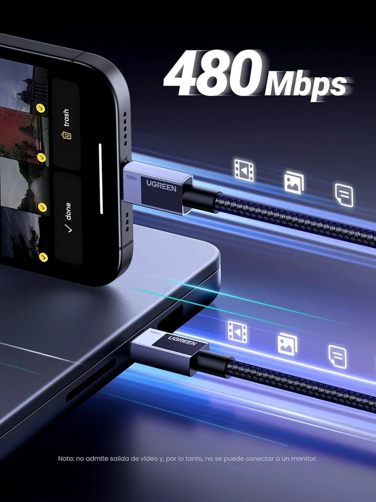 Imagem 5 de 5 do produto Cabo Usb-c Ugreen 100w ( 2 Metros, ) Chip Inteligente E-marker, Carregamento Rápido Revestimento Alumínio Trançado Em Nylon