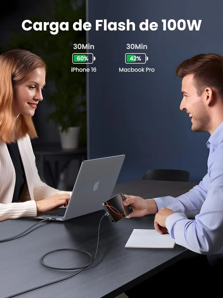 Imagem 3 de 5 do produto Cabo Usb-c Ugreen 100w 20v 5a (2 Metros, Nylon,) Carregamento Rápido Chip Inteligente E-marker
