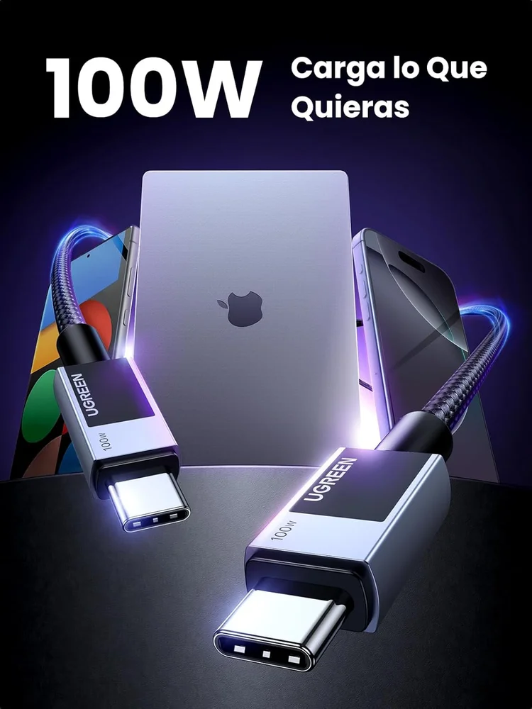 Imagem 5 de 5 do produto Cabo Usb-c Ugreen 100w 20v 5a (2 Metros, Nylon,) Carregamento Rápido Chip Inteligente E-marker