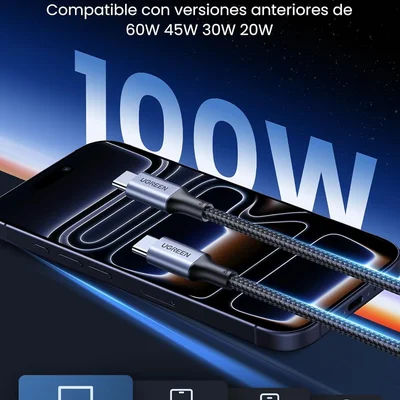 Cabo Usb-c / Tipo C Ugreen 100w 20v 5a ( 2 Metros ) Carregamento Rápido Compatível Compatível Com Macbook Pro Air, Ipad Iphone 17 16 15 Pro Max Plus Air, Galaxy S25 Ultra S24 S23, Tab S11 Pixel 9/8, Dell Xps, Hp, Etc.