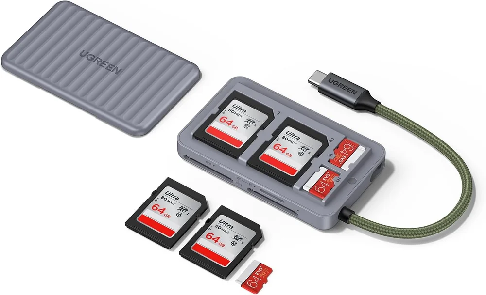 Ugreen Adaptador Portátil Leitor De Cartão Memória Sd Usb-c / Tipo-c Estojo De Armazenamento Suporte Para 4 Cartões