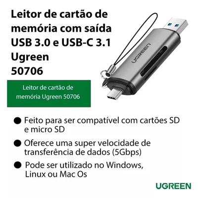 Adaptador Leitor De Cartão Memória Micro Sd/tf (2 Em 1) Usb-c / Tipo C E Usb 3.0 Ugreen Otg, 5gbps,