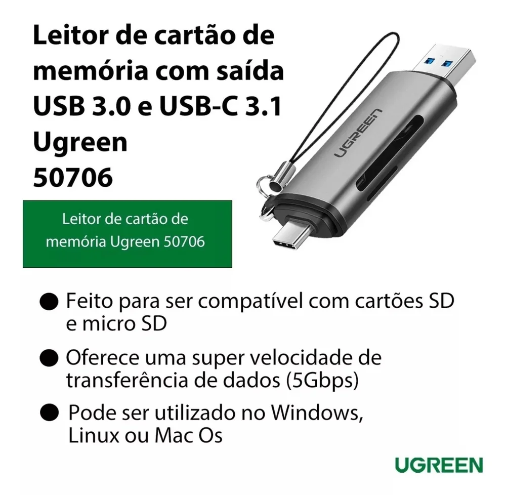Adaptador Leitor De Cartão Memória Micro Sd/tf (2 Em 1) Usb-c / Tipo C E Usb 3.0 Ugreen Otg, 5gbps,