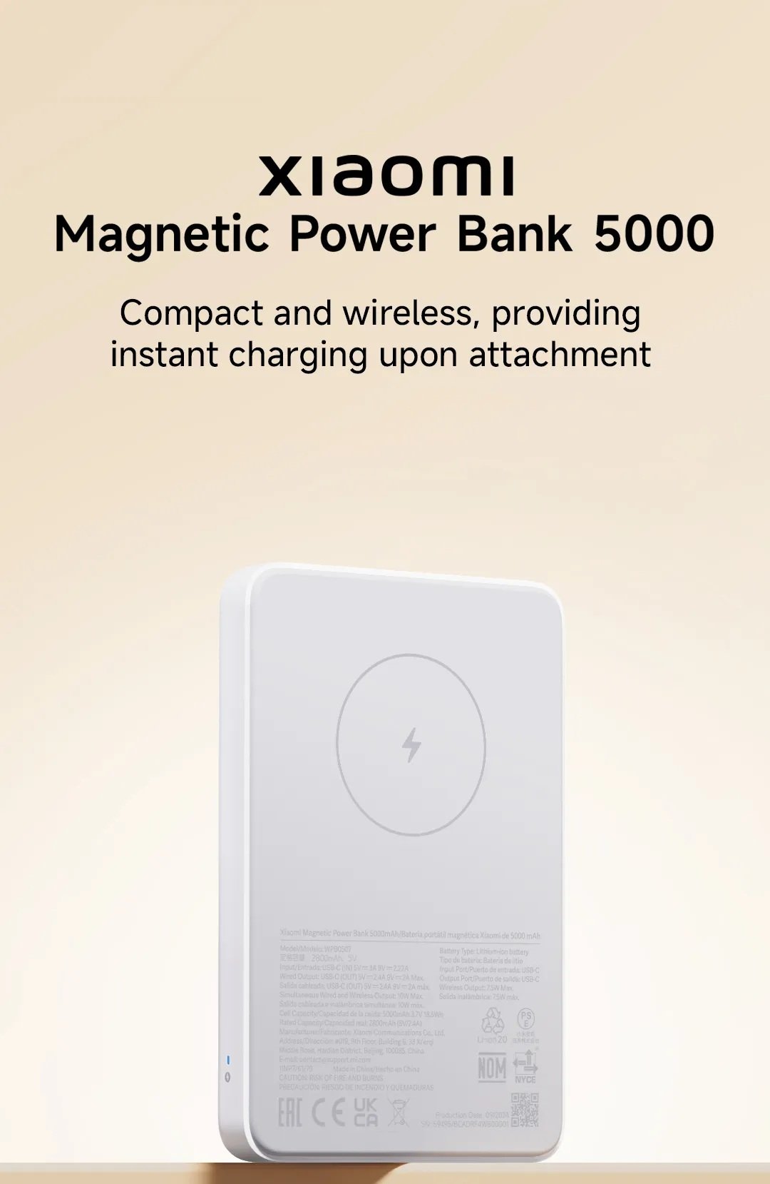 Carregador Portátil Xiaomi Power Bank Magnético Wireless Sem Fios 7.5w 5000mah Wpb0507 Bateria Externa 20w Pd Com Magsafe