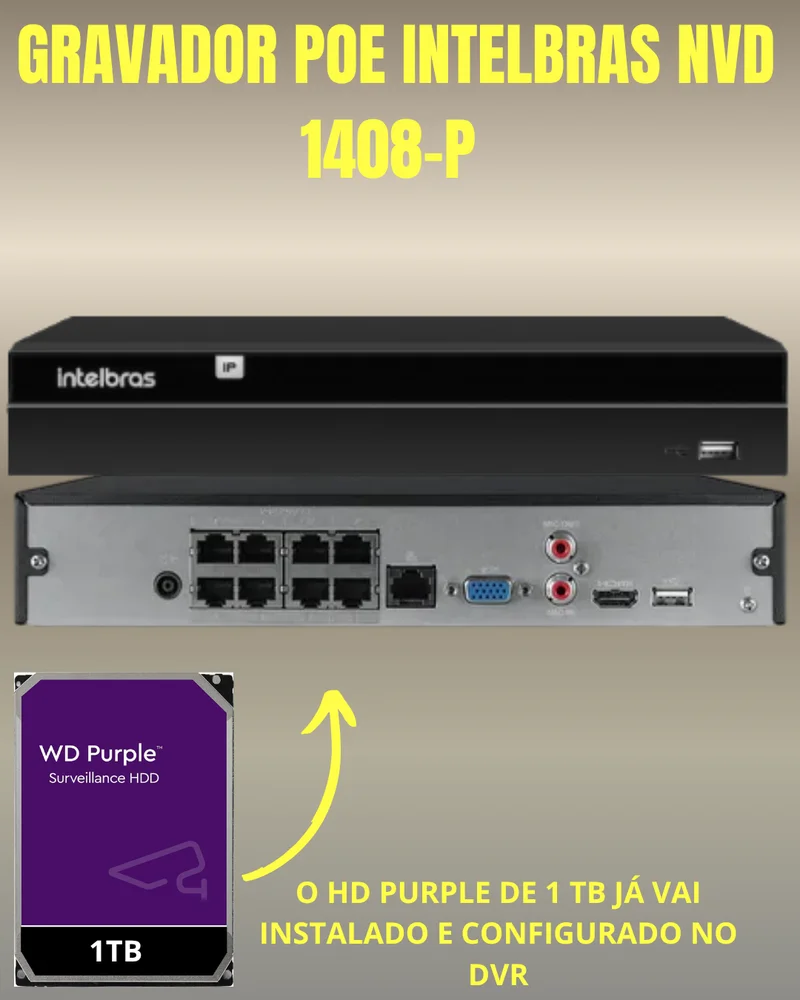 Imagem 4 de 5 do produto Kit Cftv Intelbras Nvd 1408p 5 Câmeras Ip E Hd 1TB Purple