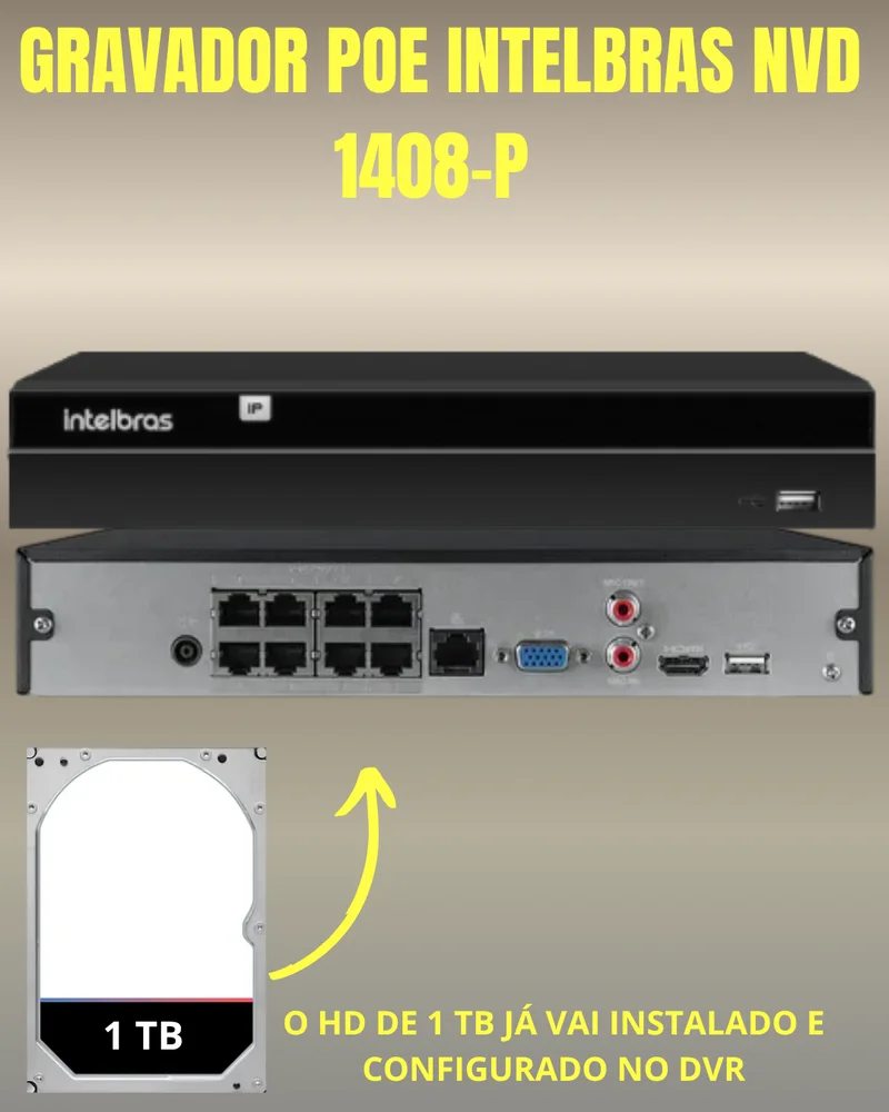 Imagem 4 de 4 do produto Kit Nvr Intelbras Nvd 1408p Poe Hd 1t 5 Câmeras Ip Vipc Full