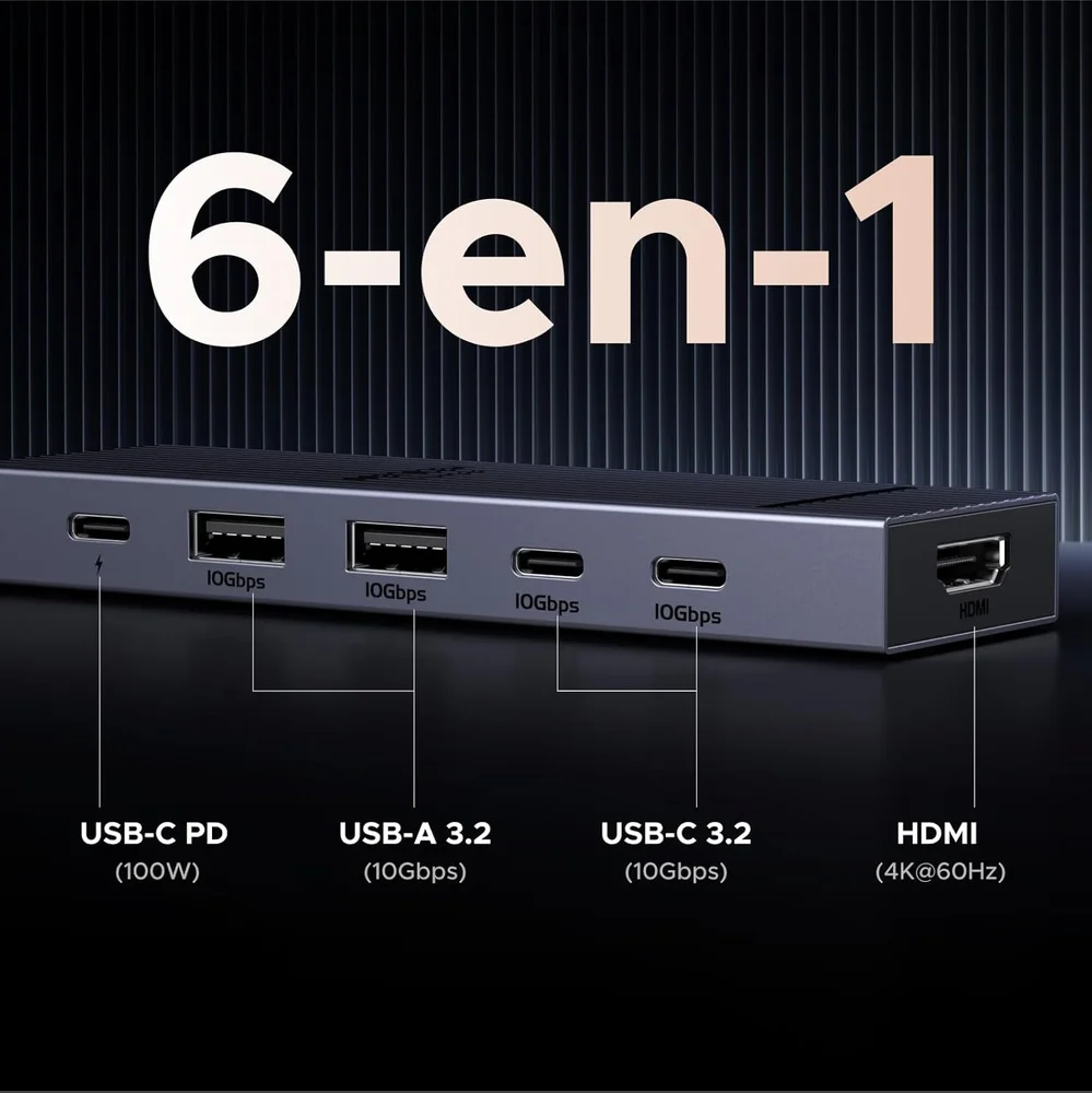 Imagem 4 de 5 do produto Hub Usb-c 10 Gbps Adaptador (6 Em 1) HDMI 4k 60hz Tipo C 3.2 Gen2 Pd 100w Carregamento