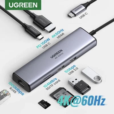 Hub Usb-c Ugreen Adaptador Tipo C (7 Em 1) HDMI 4k 60hz Ethernet Rj45 Gigabit, Leitor De Cartão Sd Tf, Carregamento Pd 100w,