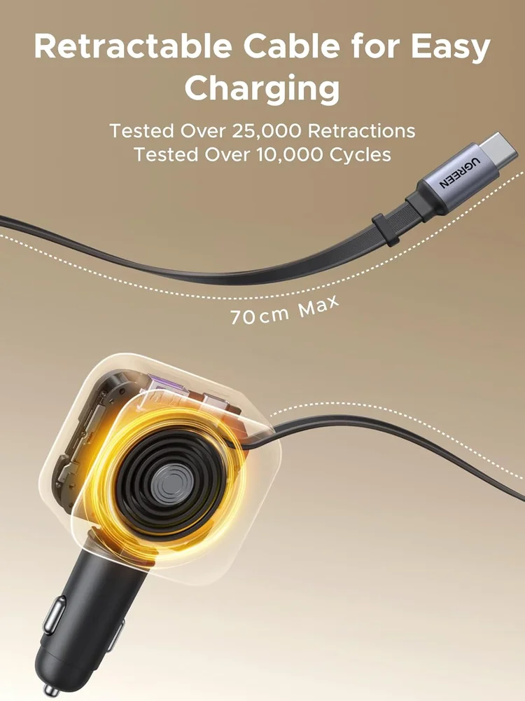 Imagem 2 de 5 do produto Carregador Rápido Turbo Veicular Cabo Usb-c Retrátil Ugreen Nexode 90w (3 Em 1) Suporta Múltiplos Protocolos Pd 3.0, Qc 3.0, Pps, Scp Afc,