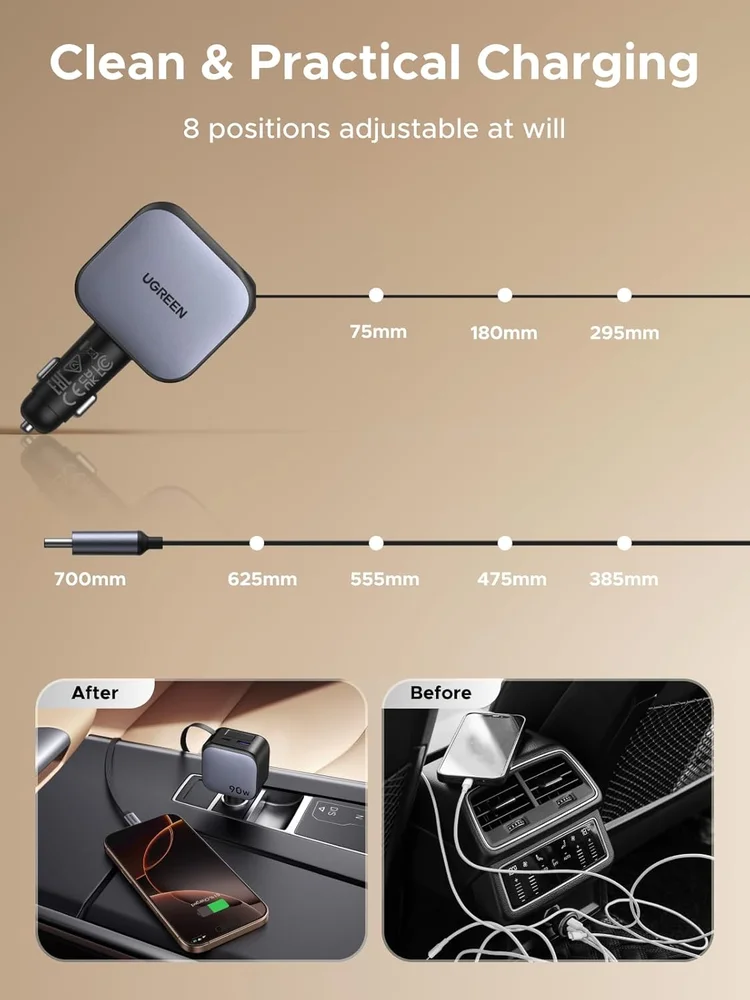 Imagem 3 de 5 do produto Carregador Rápido Turbo Veicular Cabo Usb-c Retrátil Ugreen Nexode 90w (3 Em 1) Suporta Múltiplos Protocolos Pd 3.0, Qc 3.0, Pps, Scp Afc,