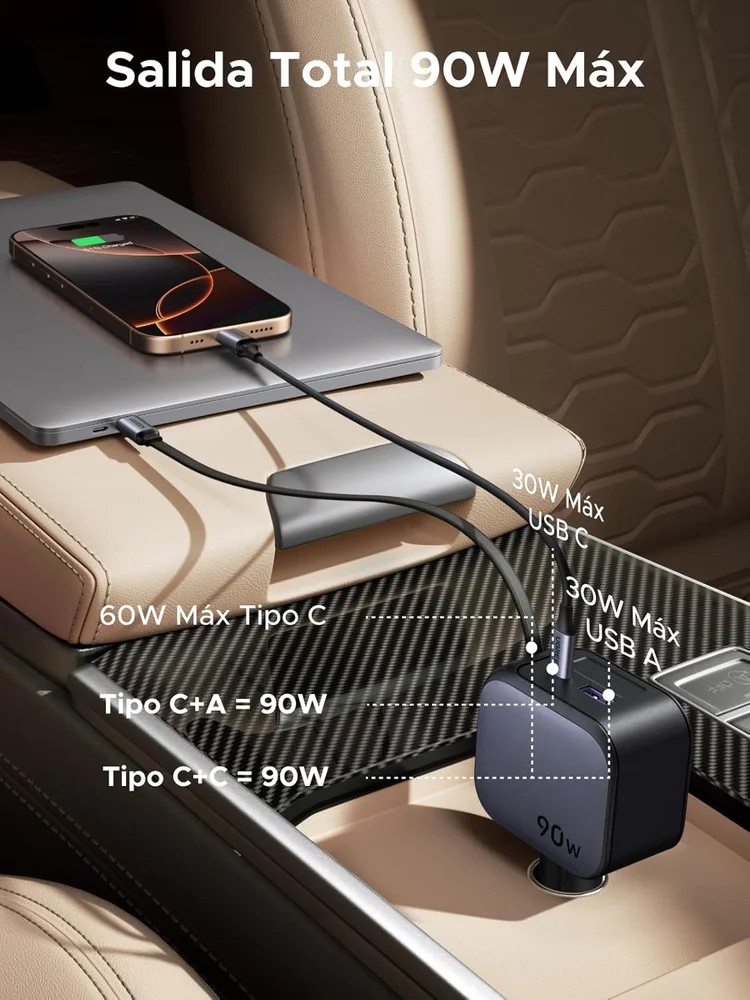 Imagem 4 de 5 do produto Carregador Rápido Turbo Veicular Cabo Usb-c Retrátil Ugreen Nexode 90w (3 Em 1) Suporta Múltiplos Protocolos Pd 3.0, Qc 3.0, Pps, Scp Afc,