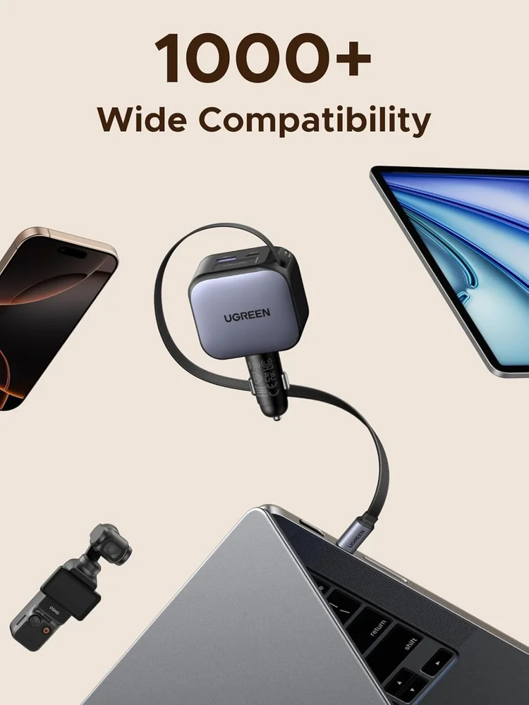 Imagem 5 de 5 do produto Carregador Rápido Turbo Veicular Cabo Usb-c Retrátil Ugreen Nexode 90w (3 Em 1) Suporta Múltiplos Protocolos Pd 3.0, Qc 3.0, Pps, Scp Afc,