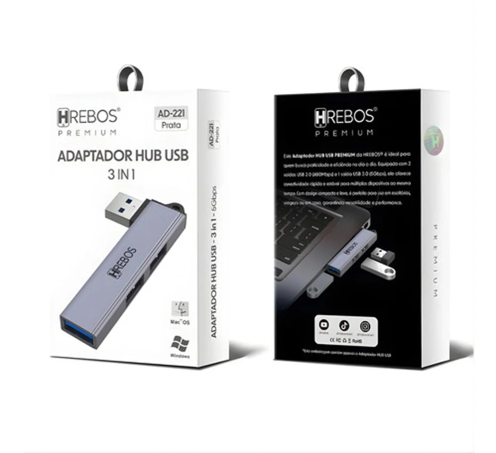 Imagem 3 de 5 do produto Adaptador Hub Usb 3 Em 1 Hrebos Para Conexão Rápida Prateado
