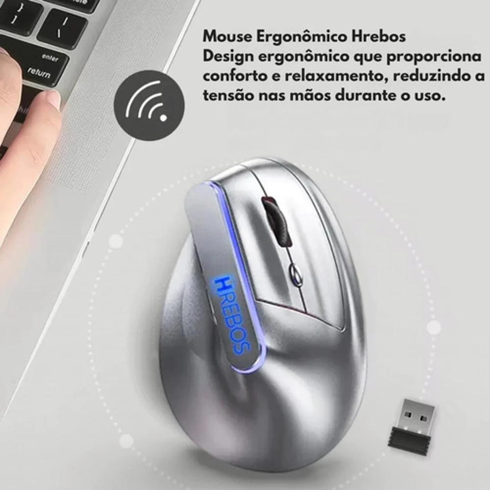 Imagem 3 de 5 do produto Mouse Ergonômico Confortável Vertical Sem Fio 1600dpi Prateado
