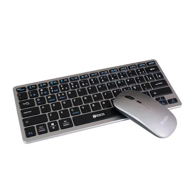 Kit Mouse E Teclado Wireless Sem Fio Slim Bluetooth Hrebos - Preto Com Prata - Preto Com Prata