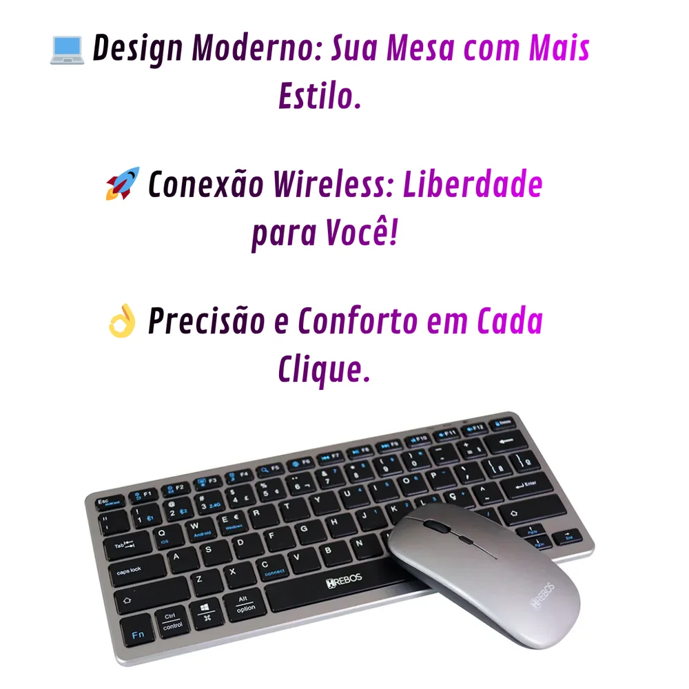 Imagem 3 de 5 do produto Kit Mouse E Teclado Wireless Sem Fio Slim Bluetooth Hrebos - Preto Com Prata - Preto Com Prata