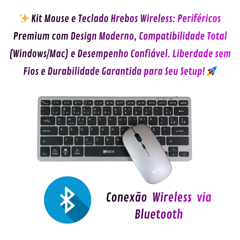 Imagem 5 de 5 do produto Kit Mouse E Teclado Wireless Sem Fio Slim Bluetooth Hrebos - Preto Com Prata - Preto Com Prata
