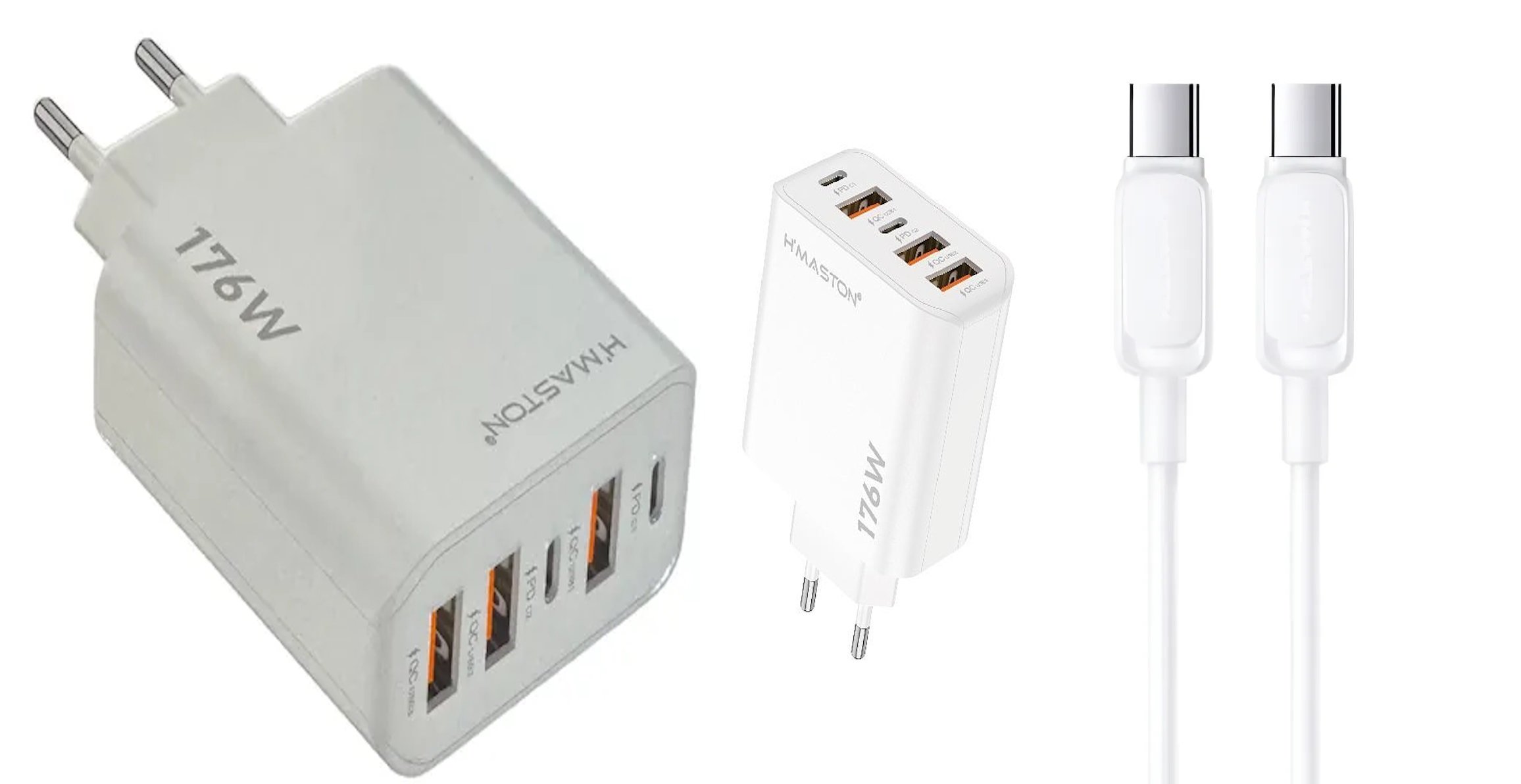 Kit Carregador Turbo 176w Com 5 Portas 2 Usb-c + 3 Usb-a   + Cabo Tpo Usb-c Para Tipo-c De Alta Velocidade