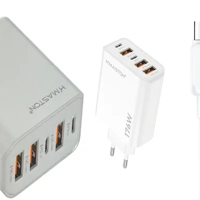 Kit Carregador Turbo 176w Com 5 Portas 2 Usb-c + 3 Usb-a   + Cabo Tpo Usb-c Para Tipo-c De Alta Velocidade