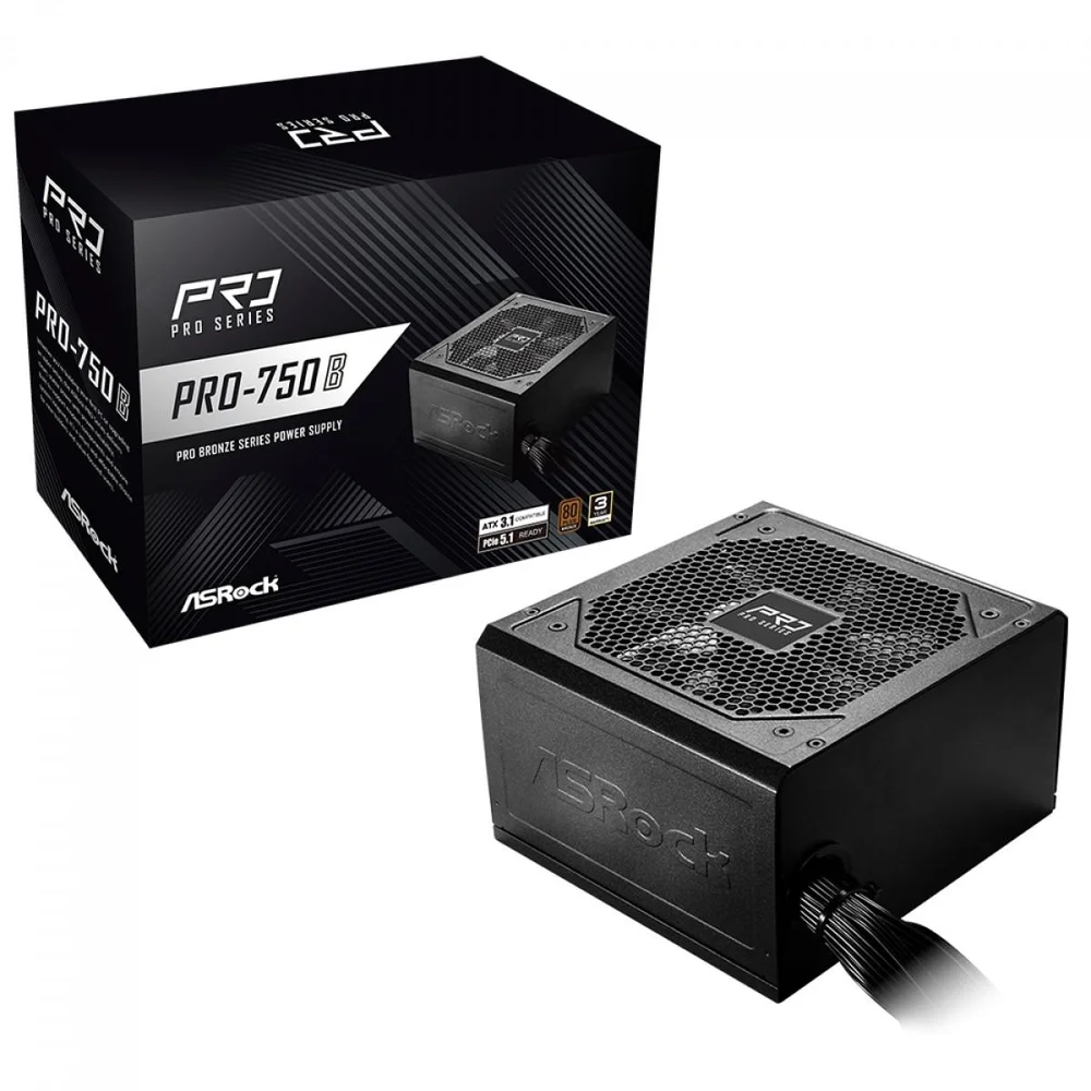 Fonte Asrock Pro, 750w, 80 Plus Bronze, Atx 3.1, PCie 5.1, Pfc Ativo, Preto, Pro-750b