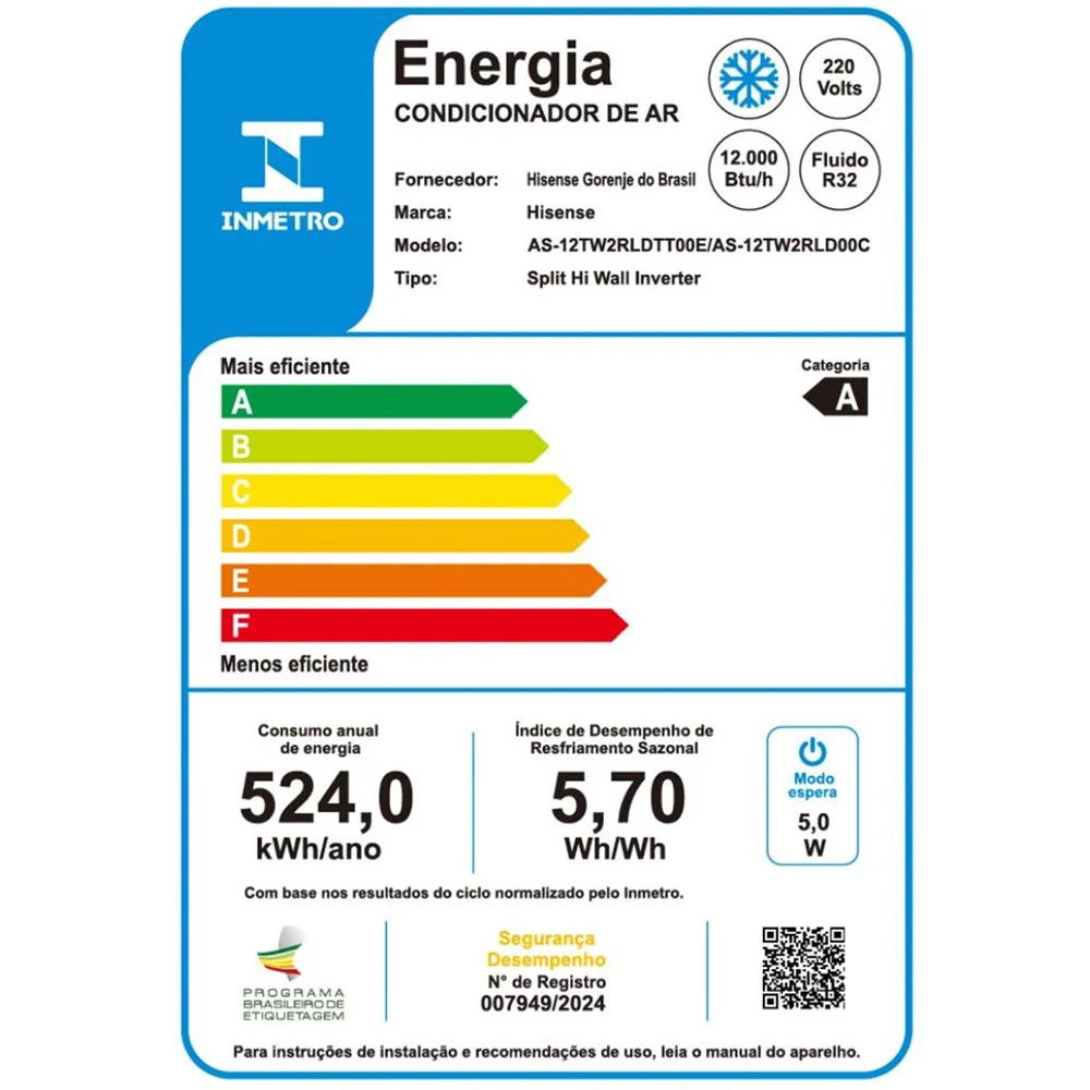 Imagem 3 de 4 do produto Ar Condicionado AS12TW2RLD Split Hi Wall Inverter Wi Fi 220V 12000 btus Frio Hisense