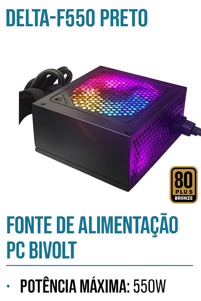 Imagem 3 de 5 do produto Fonte ATX 550W Bivolt para PC | 80 Plus | Conector Padrão | Custo-Benefício