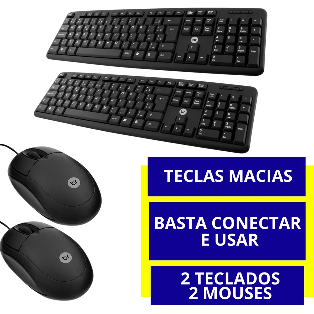 Imagem 3 de 5 do produto Kit Dois Kits Teclado E Mouse Usb Preto Basico Portugues