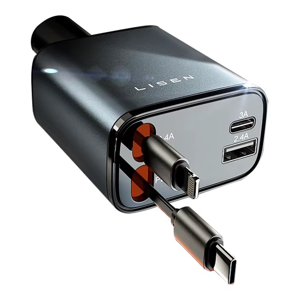 Carregador Veicular Lisen 4 em 1 com Cabo Retrátil Turbo