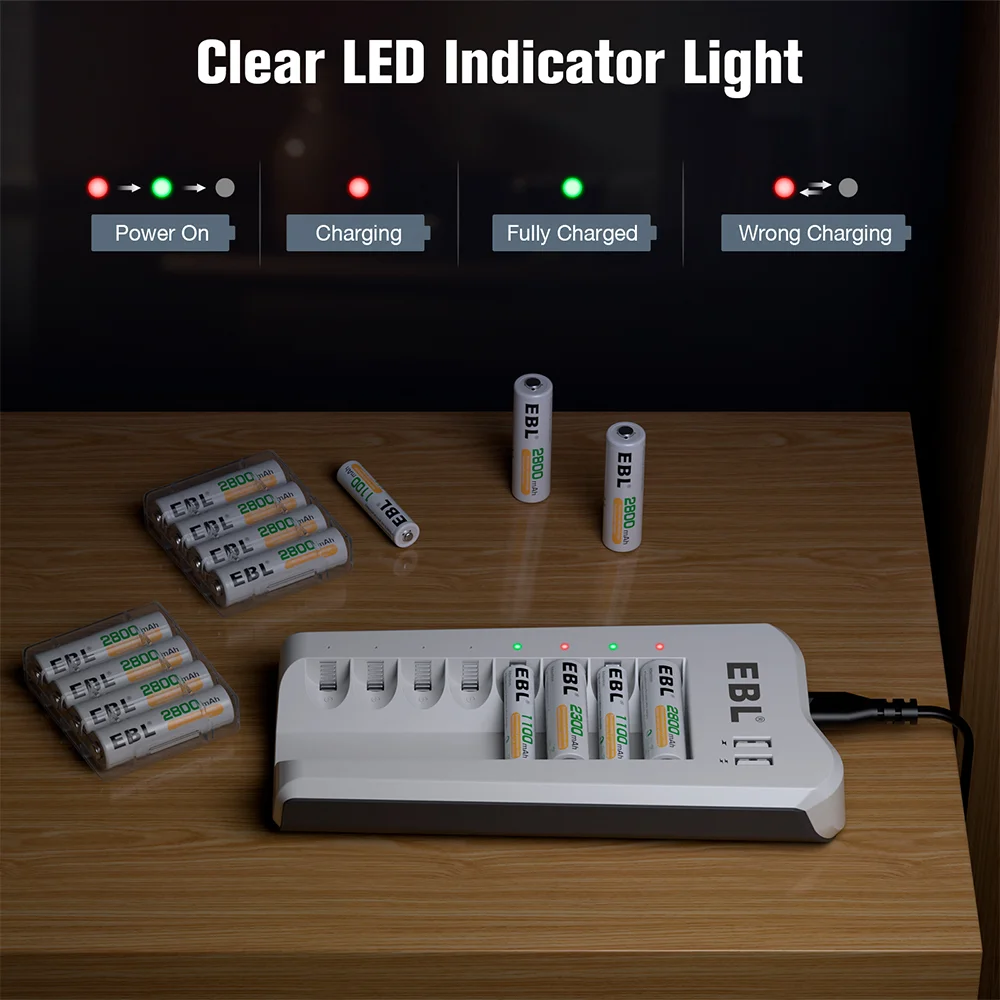 Carregador de Pilhas AA AAA EBL 808U com 2 Portas USB e LED