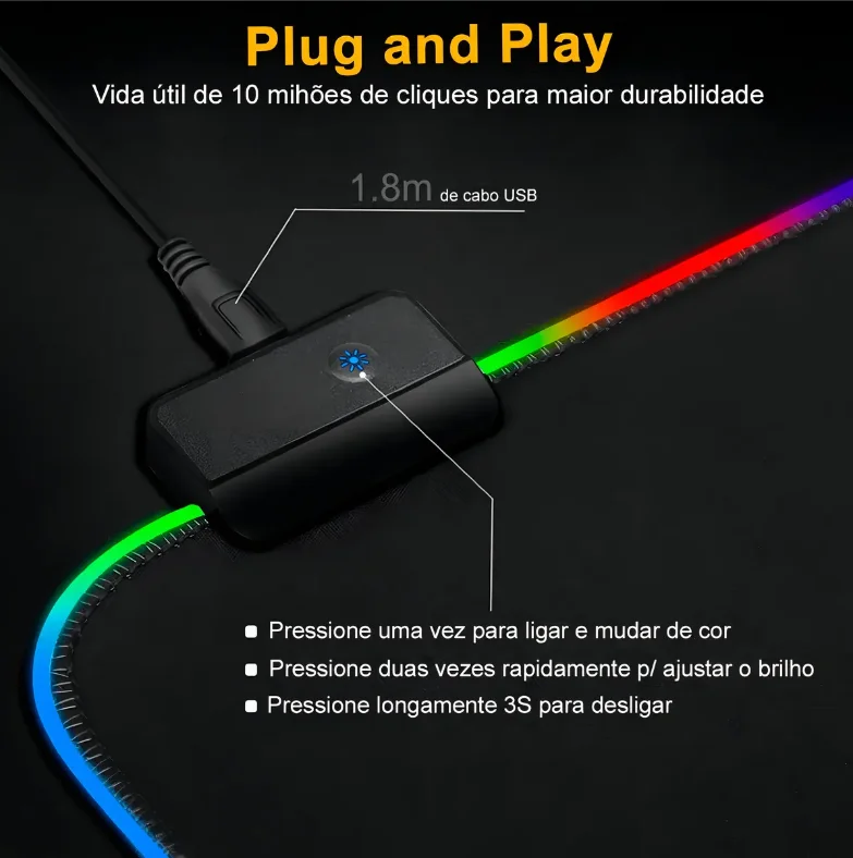 Imagem 5 de 5 do produto Mousepad Gamer RGB Grande 80x30cm | LED | Antiderrapante | Setup Gamer