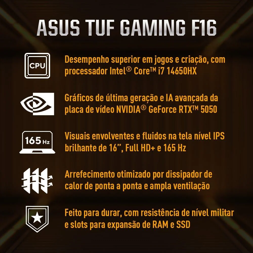 Notebook Asus Tuf Gaming F16 Fx608jhr Nvidia RTX 5050 Intel Core i7 14650hx 8GB Ram 512gb SSD Linux Keepos Tela 16" 165hz Nível Ips Cinza - Rv019
