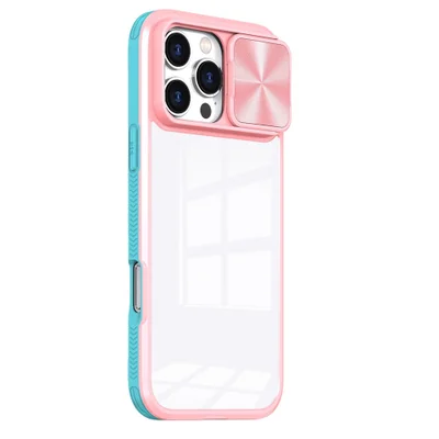 Capa Protetora com Proteção Slide na Lente da câmera para o iPhone 16 Cor: Rosa e Azul Claro