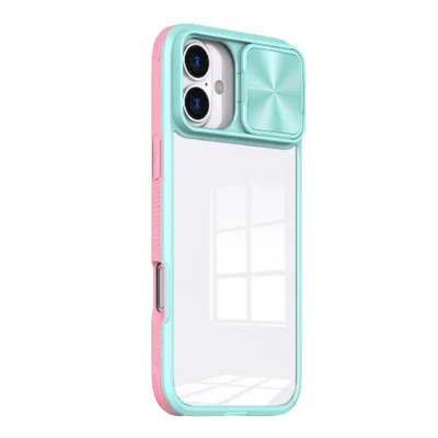 Capa Protetora com Proteção Slide na Lente da câmera para o iPhone 16 Cor: Azul Claro e Rosa