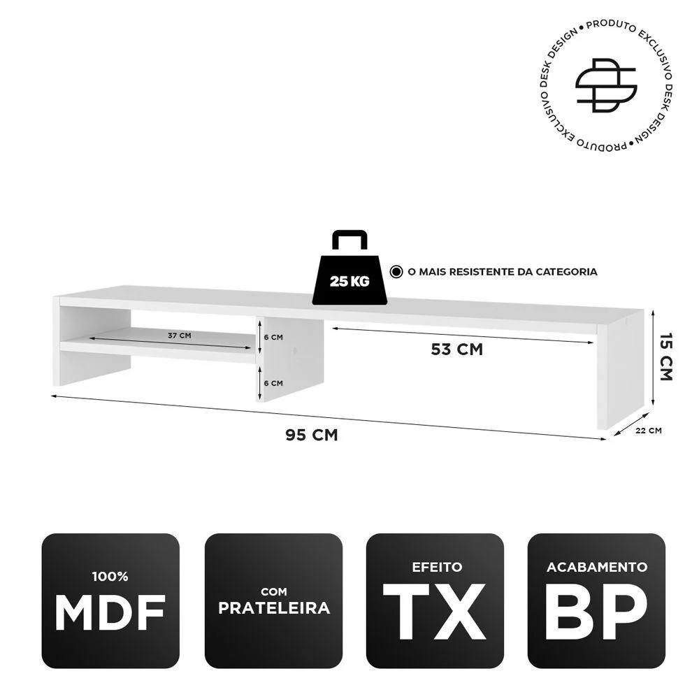 Base Suporte Stand-pro Para Monitor Setup Soft Elevado 95x15cm Em 100% Mdf Branco - Abmaza