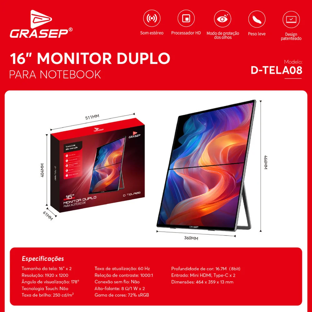 Monitor Duplo Portátil 16" Extensor Tela Notebook 1920x1200 Usb-c HDMI 3 Telas Produtividade Monitor Duplo Portátil 16" Extensor Tela Notebook 1920x1200 Usb-c HDMI 3 Telas Produtividade
