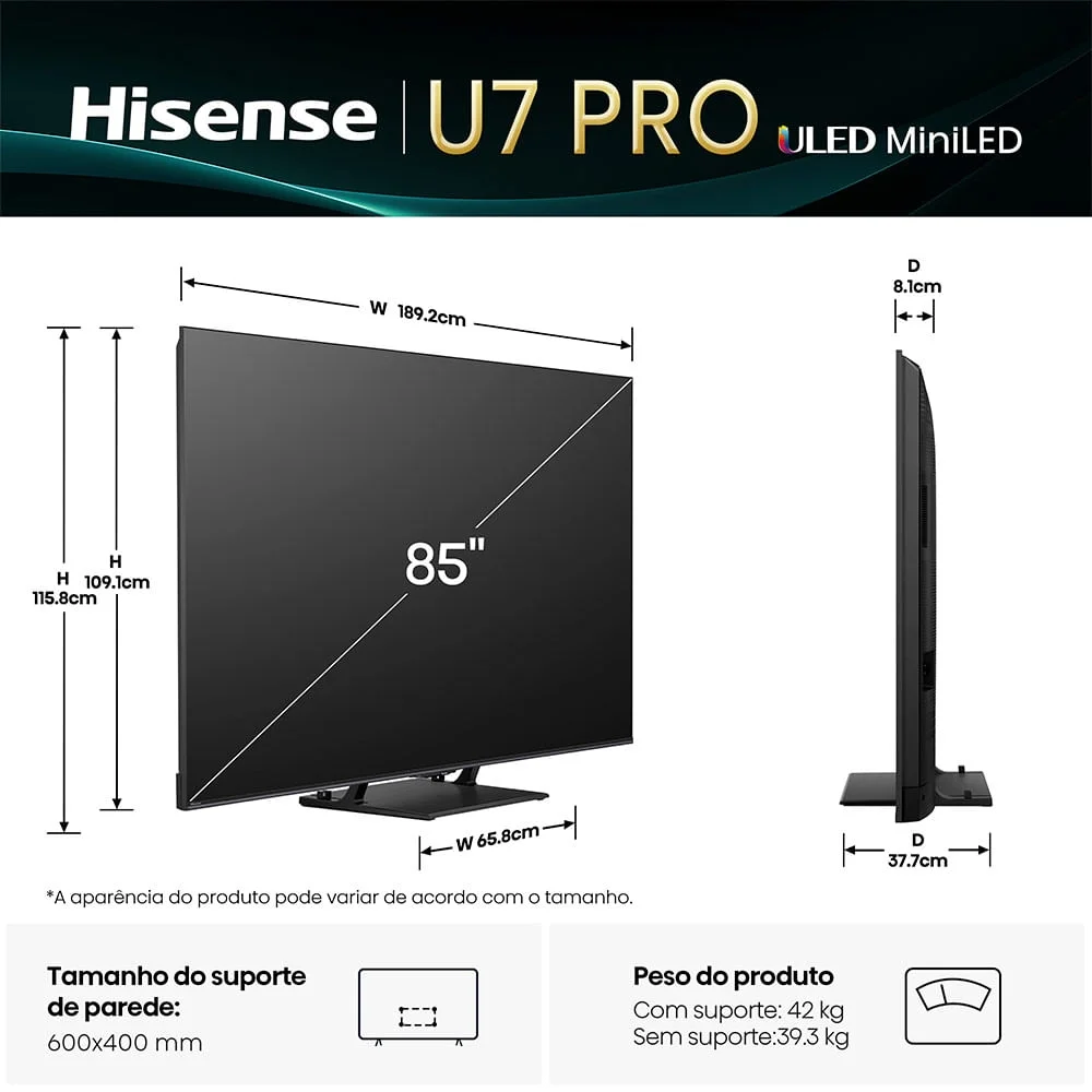 Imagem 5 de 5 do produto Smart Tv Hisense MiniLED 4k 85" " Com Dolby Vision, Hdr+ Gaming, Alexa E Wi-fi - 85u7qg Pro Bivolt