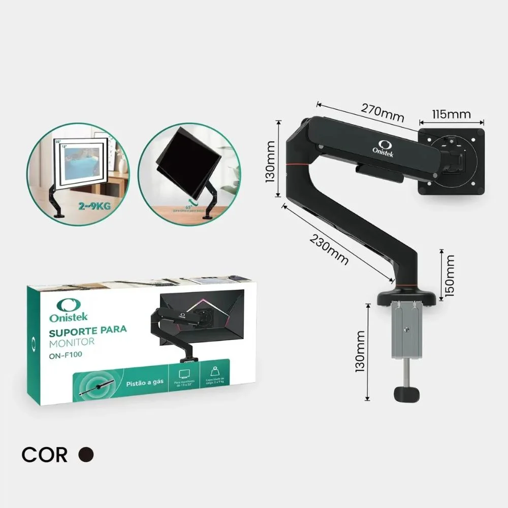 Imagem 4 de 4 do produto Braço Articulado De Mesa Para Monitor 13” A 32” Ajustável Com Pistão A Gás, Home Office, Escritório - Branco