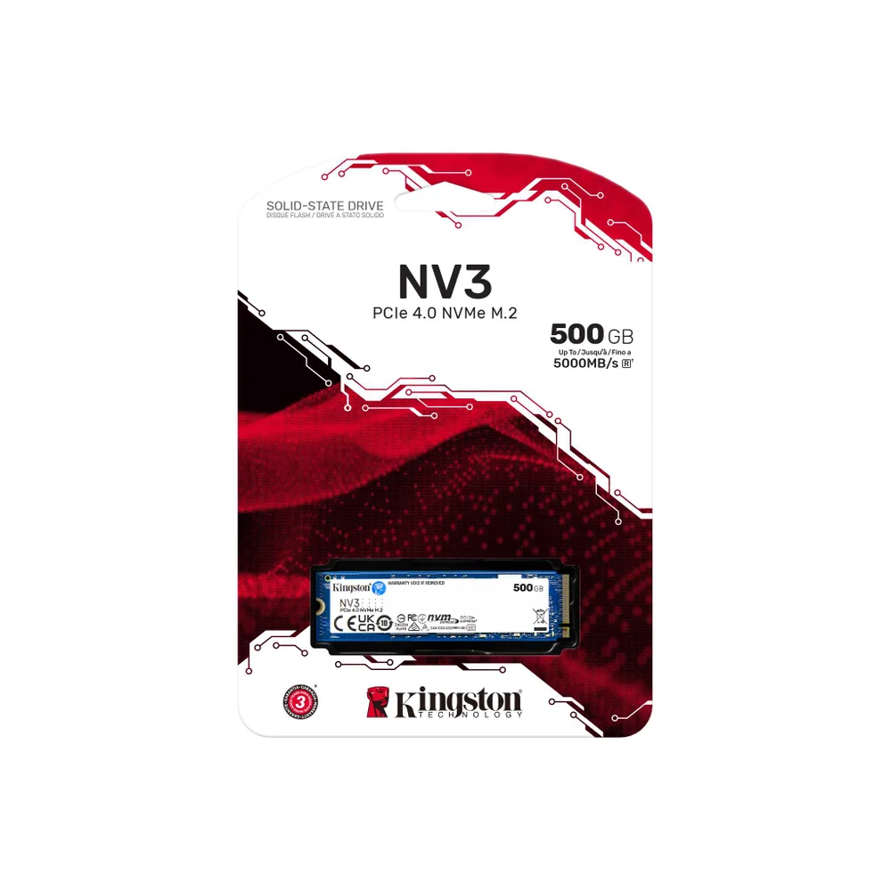 SSD 500gb Kingston Nv3, M.2 Nvme PCie 4.0 X4, Leitura 5.000mb/s, Gravação 3.000mb/s - Snv3s/500g