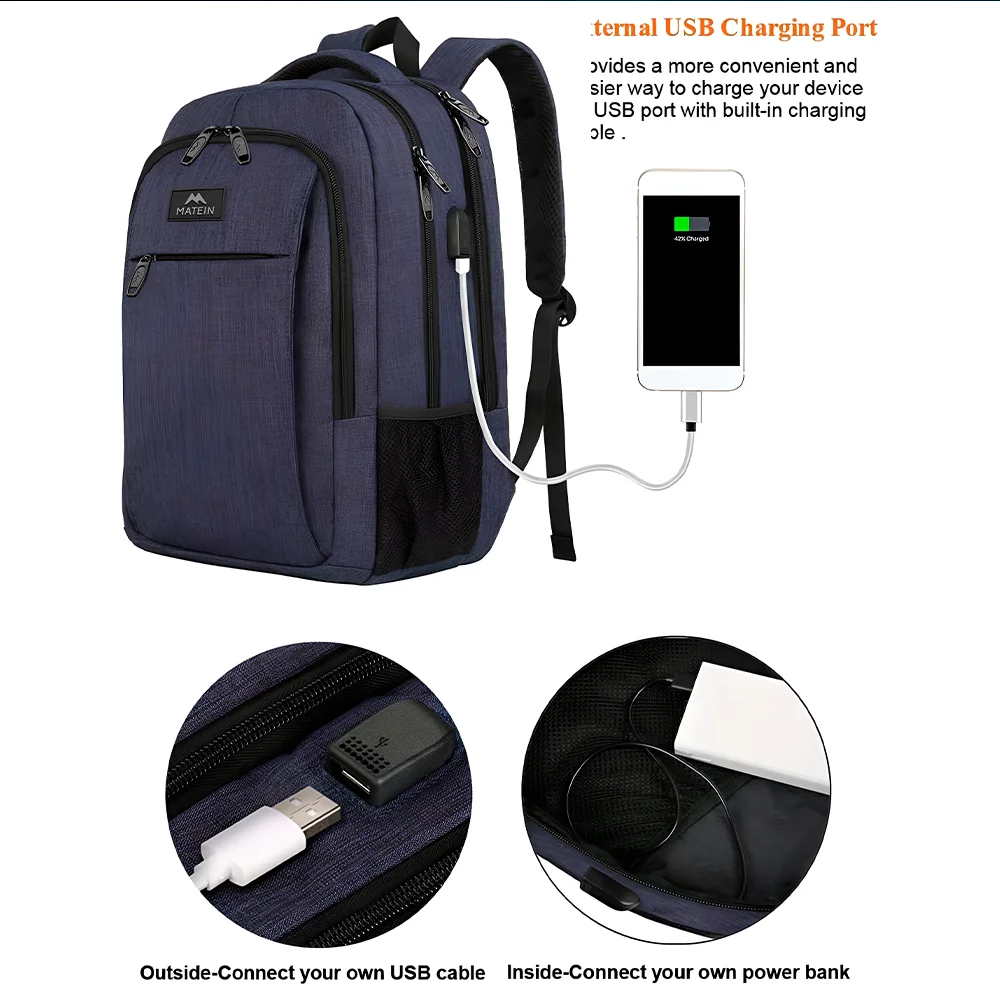 Imagem 2 de 5 do produto Mochila Notebook Viagem Usb Matein 15.6 Impermeável Azul