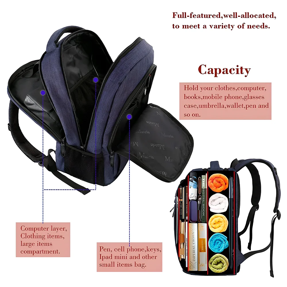 Imagem 4 de 5 do produto Mochila Notebook Viagem Usb Matein 15.6 Impermeável Azul