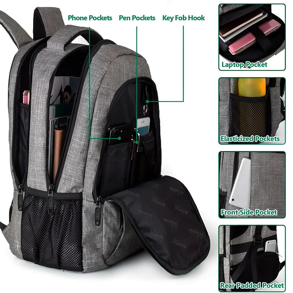 Imagem 4 de 5 do produto Mochila Matein Notebook 15.6" Usb Resistente Água Cinza