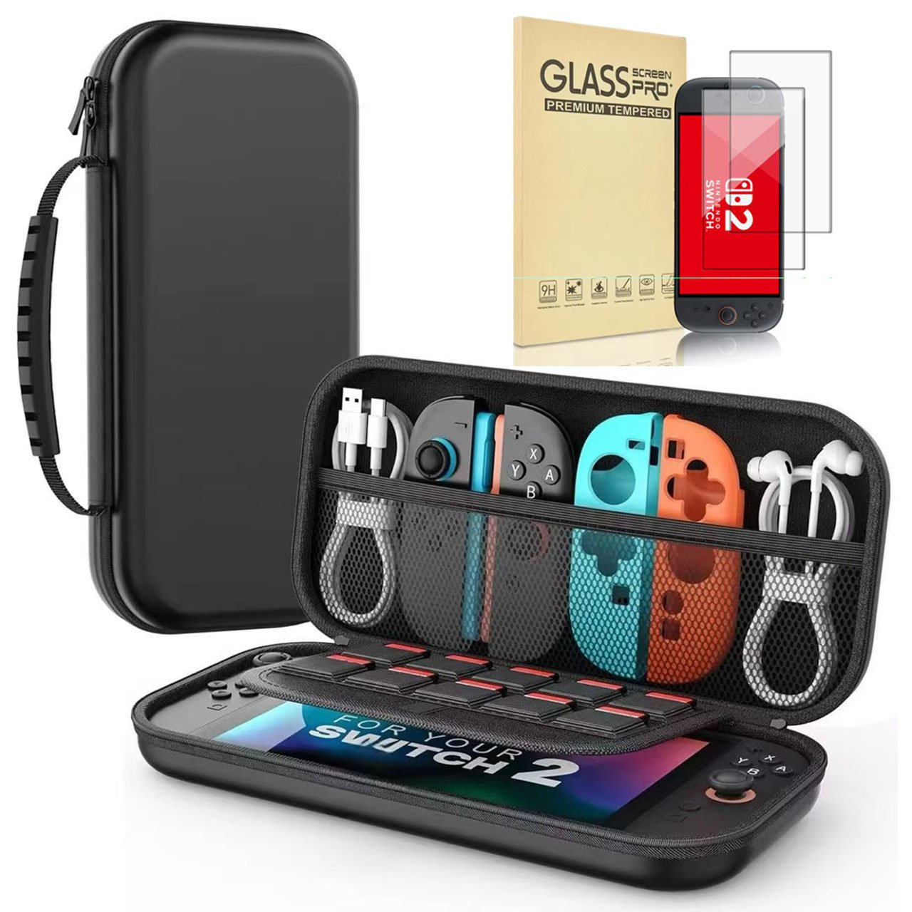 Case Para Nintendo Switch 2 Estojo Bolsa EVA Preto Rígído Com Alça Mão + 2 Películas de Vidro Premium