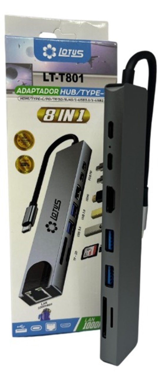 Adaptador Hub Extensor 8 Em 1 Tipo C HDMI Usb Lan 100mbps