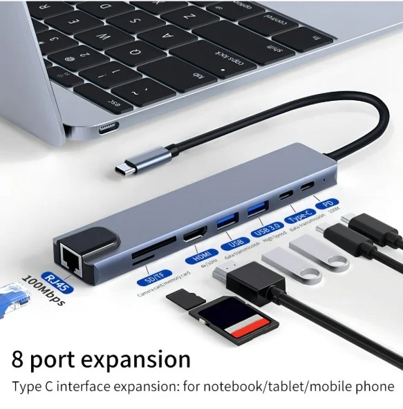 Imagem 2 de 5 do produto Adaptador Hub Extensor 8 Em 1 Tipo C HDMI Usb Lan 100mbps